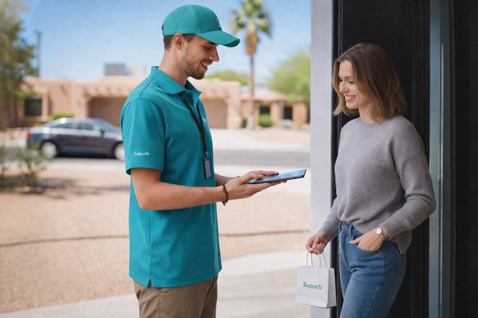 Supurb driver handing a delivery bag to a customer